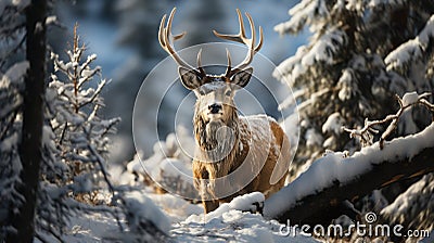 Male Horned Fallow Deer Buck in the Wintery Wilderness. Generative AI Stock Photo