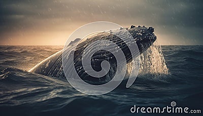 Majestic humpback whale splashing in blue waters at sunset generated by AI Stock Photo