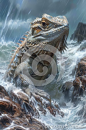 Majestic Iguana Perched on Rocky Terrain Amidst Torrential Rain Stock Photo