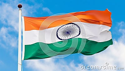 Majestic Indian flag waving on flagpole, symbol of patriotism and freedom generated by AI Stock Photo