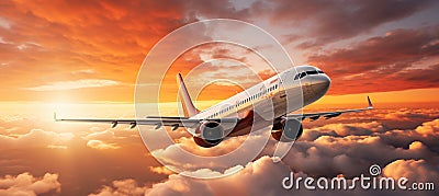 Majestic jetliner gracefully soaring through dramatic sunset clouds, igniting travel dreams Stock Photo