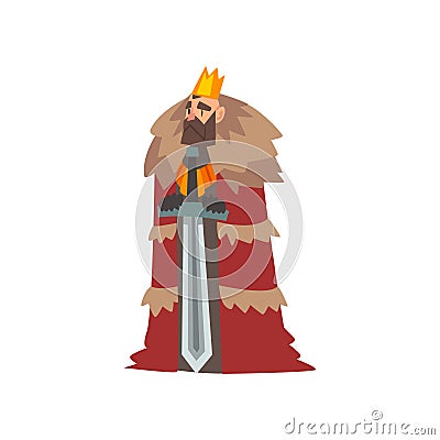 Majestic King in Red Mantle and Golden Crown, Medieval Historical Cartoon Character in Traditional Costume Vector Vector Illustration