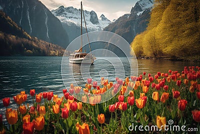 Majestic Lake and Serene Mountains: Yacht Sailing at Dusk. Stock Photo