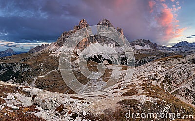 Majestic landscape mountain with Tre Cime peak before sunrise. Stock Photo