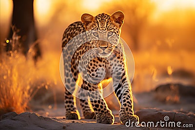 Majestic leopard concealed in the ethereal golden hues of the african savannah at enchanting sunset Stock Photo