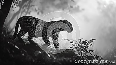 Majestic Leopard Emerging from the Mist. Generative ai Cartoon Illustration