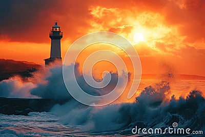 Majestic Lighthouse Amidst Tranquil Sunset Waves, A lighthouse standing tall against a vibrant orange sunset over the crashing Stock Photo