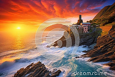 Majestic Lighthouse Perched on Ocean Cliff, Vernazza village and stunning sunrise, Cinque Terre, Italy, Europe, AI Generated Stock Photo