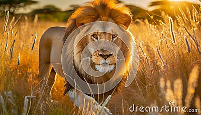 Majestic lion in grassy field at golden hour Stock Photo