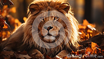 Majestic lion hiding in grass, looking at camera, autumn beauty generated by AI Stock Photo