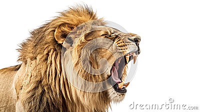 Majestic lion roaring fiercely with mouth agape in a show of strength Stock Photo