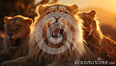 Majestic lioness roaring in the African savannah generated by AI Stock Photo