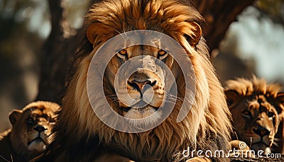 Majestic lioness walking in the African wilderness, alertness in her eyes generated by AI Stock Photo
