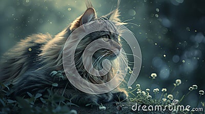 A majestic long-haired cat basks in the ethereal glow of a moonlit garden, its fur reflecting the subtle shimmer of moonbeams Stock Photo