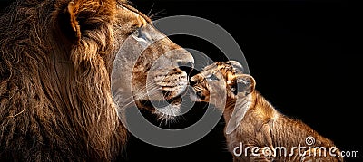 Majestic male lion and lion cub portrait with ample space on the left for text placement Stock Photo