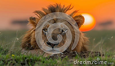 Majestic male lion in savannah at sunset, the king of the wild in its natural habitat Stock Photo