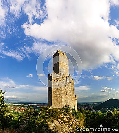 Majestic medieval castle ruins on the top of the hill Stock Photo