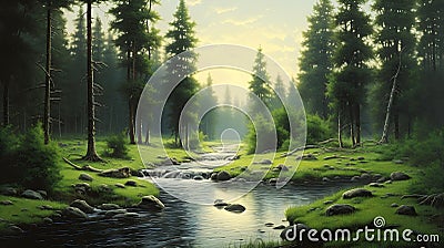 Majestic Mists: An Artist's Vision of Tranquil Stream Forest at Stock Photo