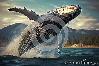 blue whale breaches the ocean's surface, defying gravity in a breathtaking display of power and Stock Photo