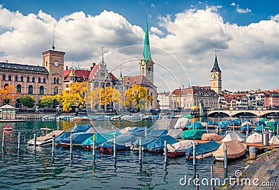 Majestic morning view of Fraumunster Church. Wonderful autumn cityscape of Zurich, Switzerland, Stock Photo