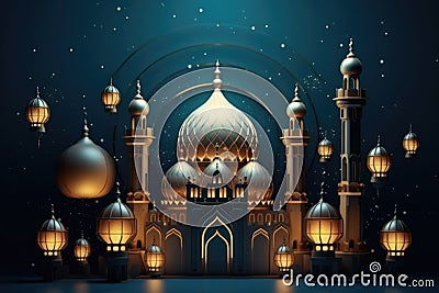 Majestic Mosque Illuminated Under Starry Ramadan Night Sky GenerativeAI Stock Photo