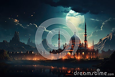 Majestic Mosque Illuminated Under Starry Ramadan Night Sky GenerativeAI Stock Photo