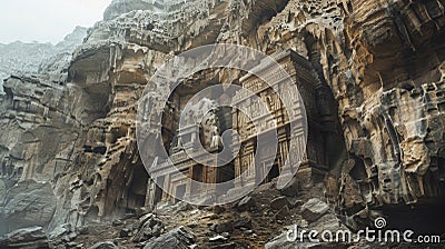 A majestic mountain its sides covered in intricate carvings of sacred geometry. At the peak a temple is built into the Stock Photo