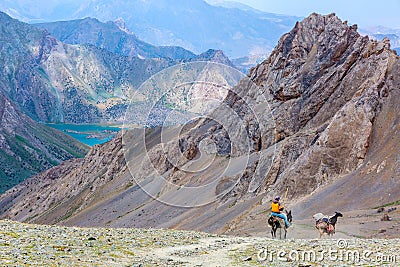 Majestic Mountain Landscape and cargo Donkey Caravan Stock Photo