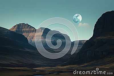 majestic mountain landscape with a full moon, casting its eerie glow over the rugged terrain Stock Photo