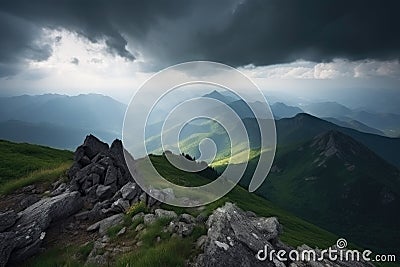 majestic mountain landscape with a storm brewing in the distance Stock Photo