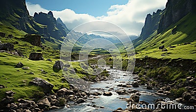 Majestic mountain peak, green meadow, flowing water, tranquil stone landscape generated by AI Stock Photo