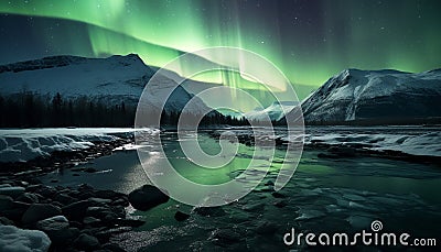Majestic mountain range illuminated by aurora, reflecting in tranquil water generated by AI Stock Photo