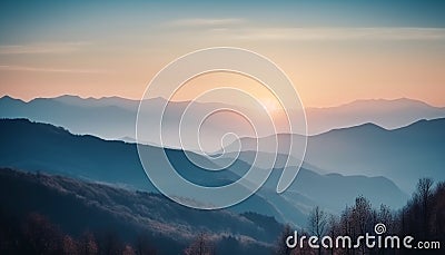 Majestic mountain range, tranquil meadow, idyllic forest, panoramic sunset generated by AI Stock Photo