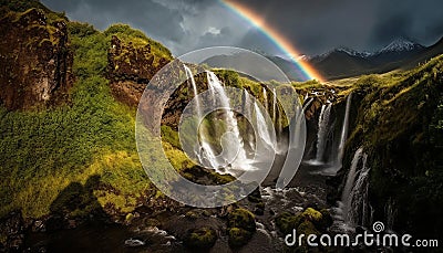 Majestic mountain range, tranquil scene, flowing water, idyllic forest, beauty generated by AI Stock Photo