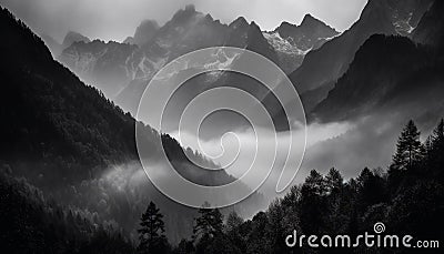Majestic mountain range, tranquil scene, ominous weather, mysterious atmosphere generated by AI Stock Photo