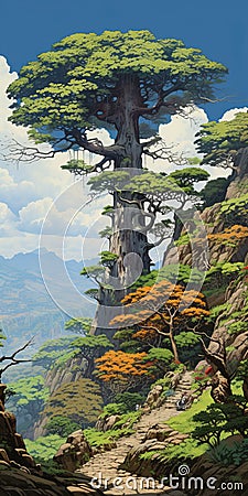 Majestic Mountain Tree: A Tim Hildebrandt Inspired Landscape Cartoon Illustration