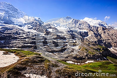 Majestic Natural European Swiss Alpine Scenery Background, Jungfrau Region, Lauterbrunnen, Bernese Oberland, Bern, Switzerland Stock Photo