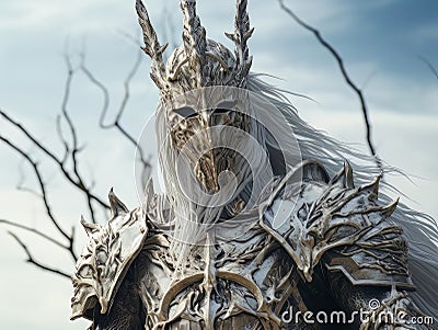 Portrait of white horseman of apocalypse. Nordic king with white long hair AI Stock Photo