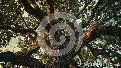 A majestic oak tree its branches rustling in unison with the melodies of birds singing their evening songs Stock Photo