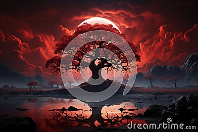 Majestic old tree casts haunting shadow against a crimson moonlit backdrop Stock Photo