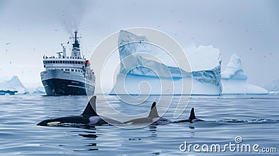 Majestic orca pod swimming near an ice floe with a cruise ship in the Antarctic Stock Photo