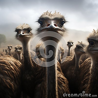 Majestic ostriches in misty farm setting, under soft cloud cover Stock Photo