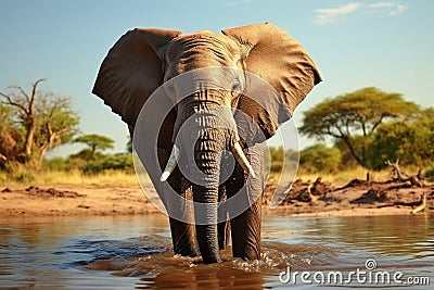 Majestic pachyderm, African elephant, gracefully hydrating at a waterhole. Stock Photo