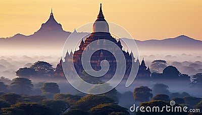 Majestic pagoda silhouette at dawn, ancient spirituality, generated by AI Stock Photo