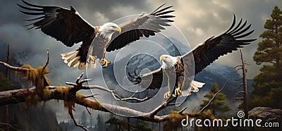 Majestic Pair: Witness the Power of Two Bald Eagles Sharing a Branch Stock Photo