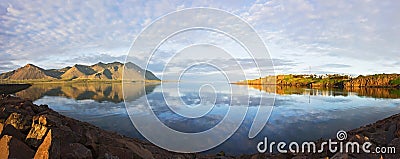 Majestic Panoramic summer view of West Icelandic delta near Borganes with reflection on water, Iceland Stock Photo