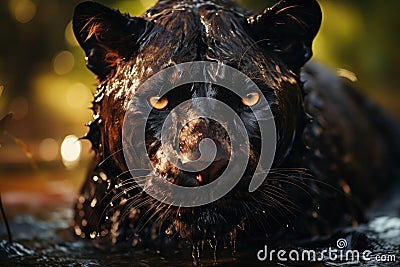 Majestic panther runs on water. Generative AI Stock Photo