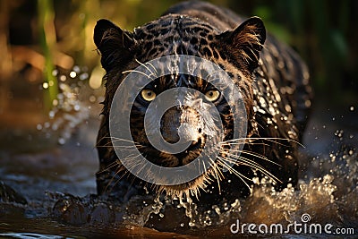 Majestic panther runs on water. Generative AI Stock Photo