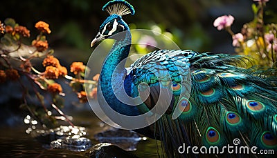 Majestic peacock displays vibrant colors in nature elegant beauty generated by AI Stock Photo