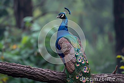 A majestic peacock poses elegantly on a tree branch Stock Photo